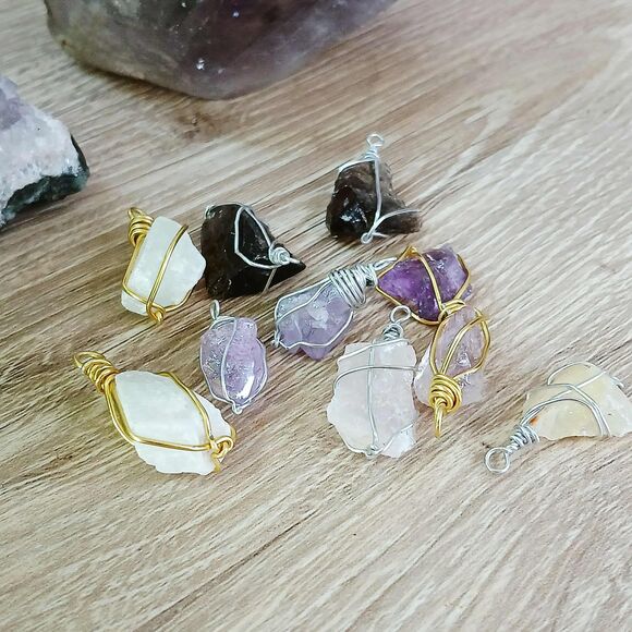 10 Piece Raw Gemstone Wire Wrapped Charms Pendants Jewelry Making Supplies - Picture 2 of 3